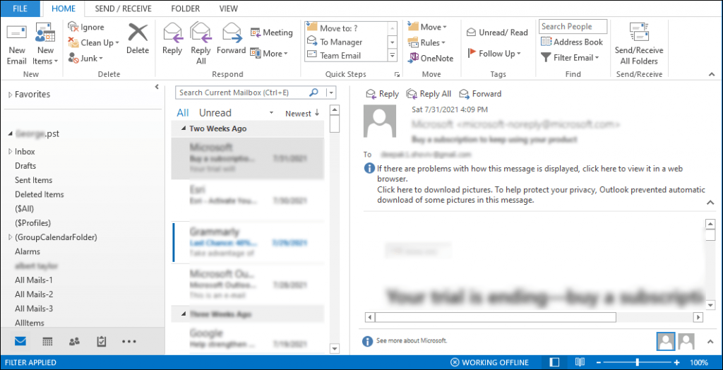 all emails not showing in sync folders in outlook 2016